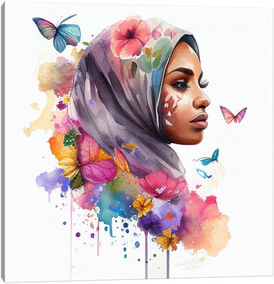Watercolor Floral Muslim Arabian Woman VII Canvas Art Print - Arab Culture