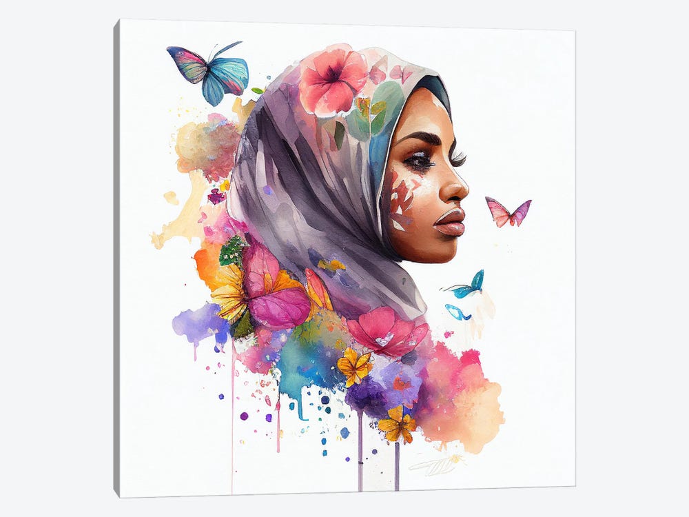 Watercolor Floral Muslim Arabian Woman VII by Chromatic Fusion Studio 1-piece Canvas Art Print