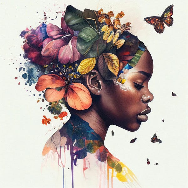 Butterflies and Flowers: Watercolor Butterfly African Woman X by Chromatic Fusion Studio