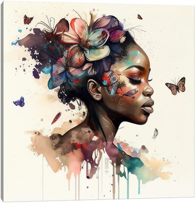 Watercolor Butterfly African Woman XI Canvas Art Print - Chromatic Fusion Studio