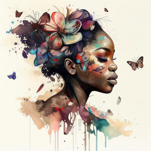 Butterflies and Flowers: Watercolor Butterfly African Woman XI by Chromatic Fusion Studio