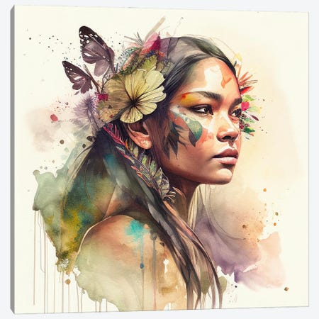 Watercolor Floral Indian Native Woman II Canvas Print #CFS14} by Chromatic Fusion Studio Canvas Artwork