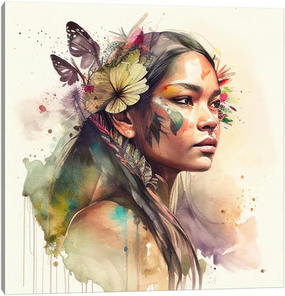 Watercolor Floral Indian Native Woman II Canvas Art Print - Chromatic Fusion Studio