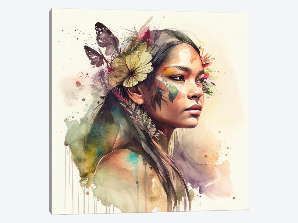 Watercolor Floral Indian Native Woman II by Chromatic Fusion Studio 1-piece Art Print