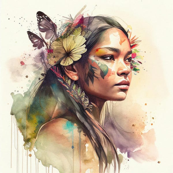 Butterflies and Flowers: Watercolor Floral Indian Native Woman II by Chromatic Fusion Studio