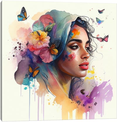 Watercolor Floral Arabian Woman I Canvas Art Print - Chromatic Fusion Studio