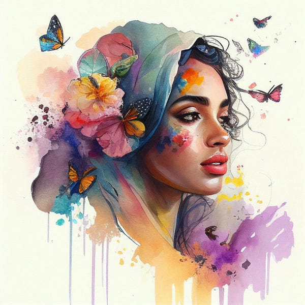 Butterflies and Flowers: Watercolor Floral Arabian Woman I by Chromatic Fusion Studio