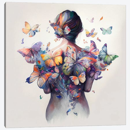 Watercolor Butterfly Woman Body I Canvas Print #CFS167} by Chromatic Fusion Studio Canvas Wall Art