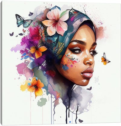 Watercolor Floral Arabian Woman II Canvas Art Print - Chromatic Fusion Studio