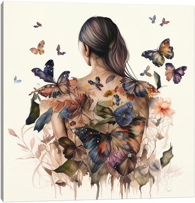 Watercolor Butterfly Woman Body IV Canvas Art Print - Chromatic Fusion Studio