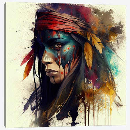 Powerful American Native Warrior Woman III Canvas Print #CFS178} by Chromatic Fusion Studio Canvas Art