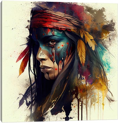 Powerful American Native Warrior Woman III Canvas Art Print - Chromatic Fusion Studio