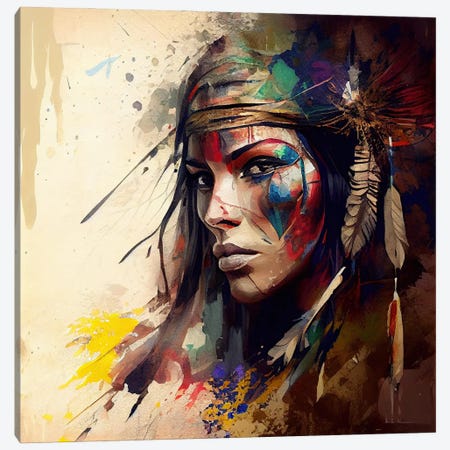 Powerful American Native Warrior Woman IV Canvas Print #CFS179} by Chromatic Fusion Studio Canvas Artwork