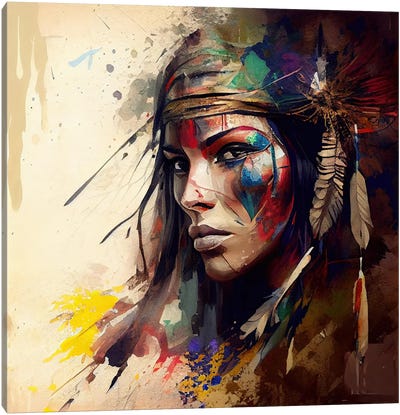 Powerful American Native Warrior Woman IV Canvas Art Print - Chromatic Fusion Studio