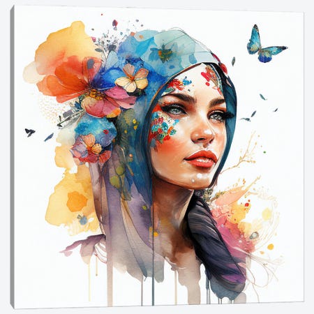 Watercolor Floral Arabian Woman VI Canvas Print #CFS17} by Chromatic Fusion Studio Canvas Artwork