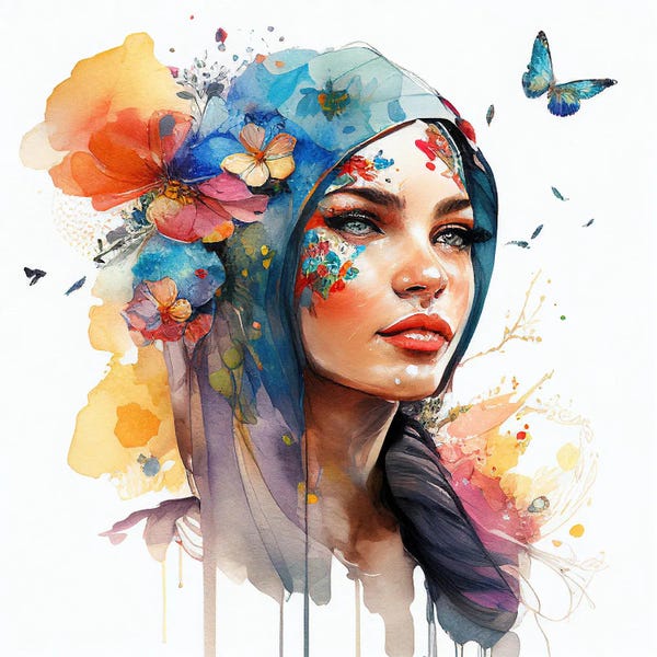 Butterflies and Flowers: Watercolor Floral Arabian Woman VI by Chromatic Fusion Studio