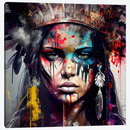Powerful American Native Warrior Woman V Canvas Print #CFS180} by Chromatic Fusion Studio Art Print