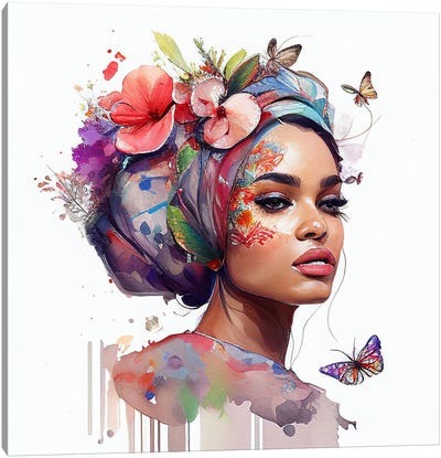 Watercolor Floral Arabian Woman VII Canvas Art Print - Chromatic Fusion Studio