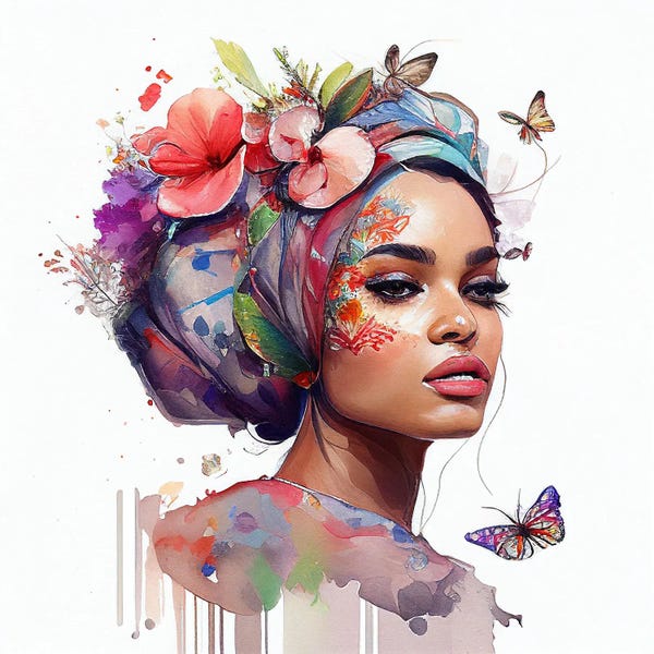 Butterflies and Flowers: Watercolor Floral Arabian Woman VII by Chromatic Fusion Studio