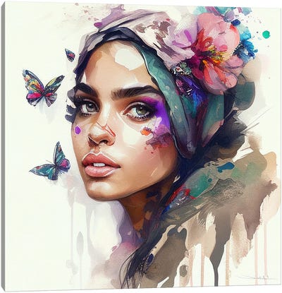 Watercolor Floral Arabian Woman VIII Canvas Art Print - Chromatic Fusion Studio
