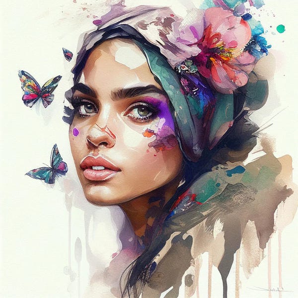 Butterflies and Flowers: Watercolor Floral Arabian Woman VIII by Chromatic Fusion Studio