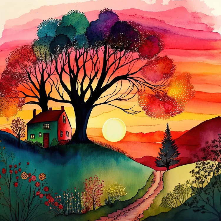 Watercolor Folk Art Sunset I