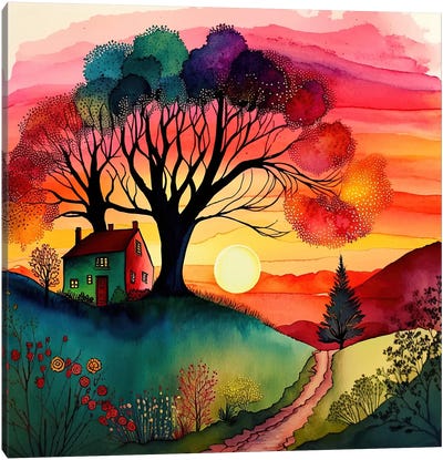 Watercolor Folk Art Sunset I Canvas Art Print - Chromatic Fusion Studio