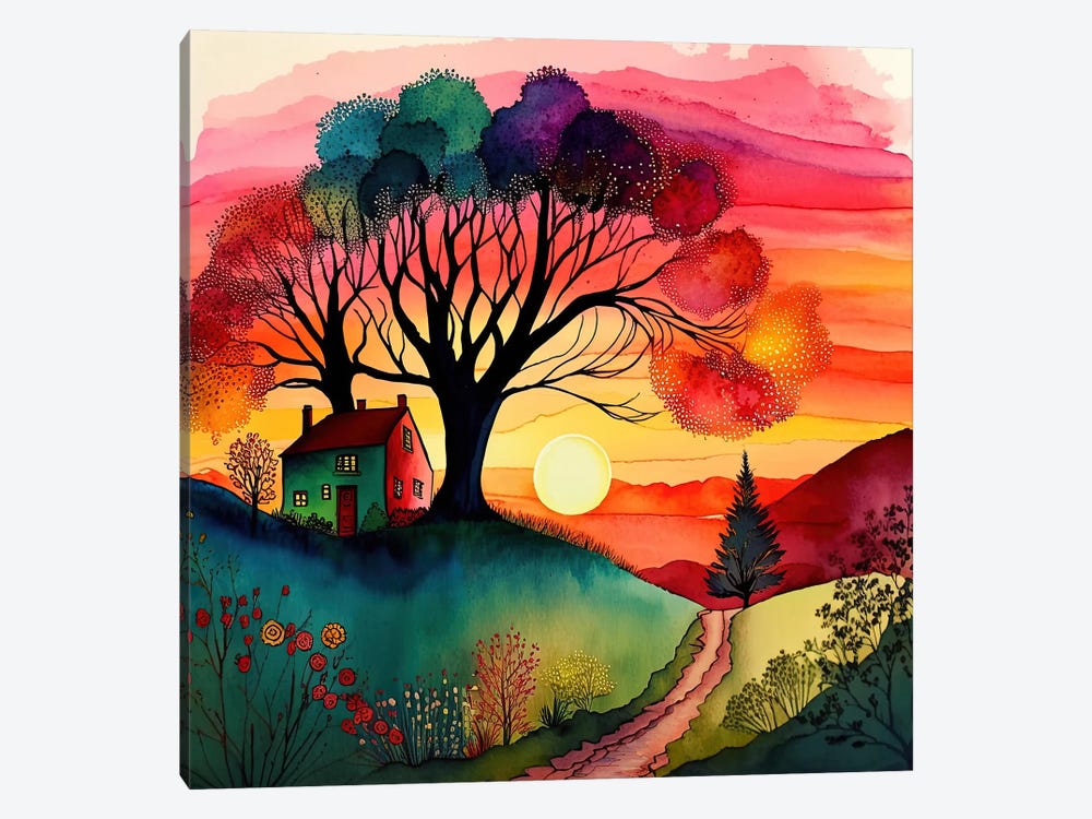Watercolor Folk Art Sunset I by Chromatic Fusion Studio 1-piece Canvas Art Print