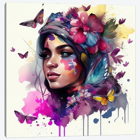 Watercolor Floral Arabian Woman IX Canvas Print #CFS20} by Chromatic Fusion Studio Canvas Artwork