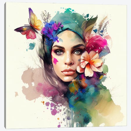 Watercolor Floral Arabian Woman X Canvas Print #CFS21} by Chromatic Fusion Studio Canvas Wall Art