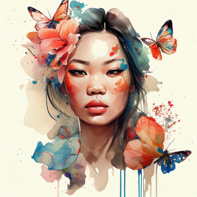 Watercolor Floral Asian Woman I