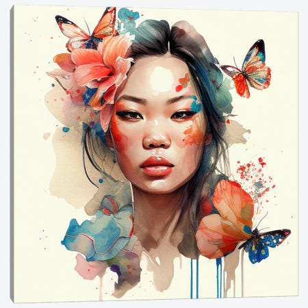 Watercolor Floral Asian Woman I Canvas Print #CFS22} by Chromatic Fusion Studio Canvas Art