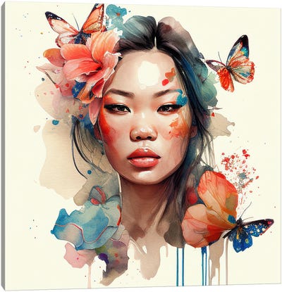 Watercolor Floral Asian Woman I Canvas Art Print - Chromatic Fusion Studio