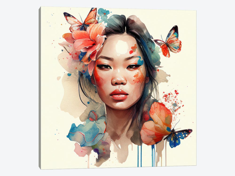 Watercolor Floral Asian Wo - Canvas Wall Art | Chromatic Fusion Studio