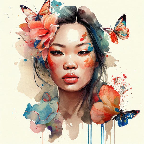 Butterflies and Flowers: Watercolor Floral Asian Woman I by Chromatic Fusion Studio