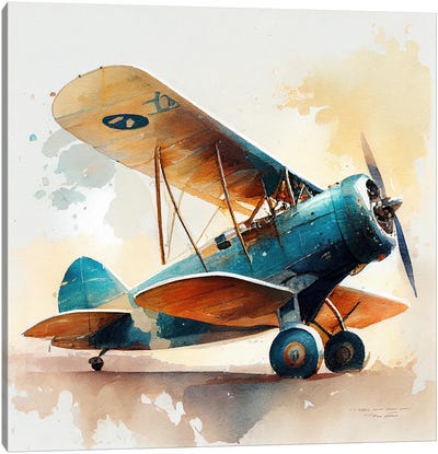 Watercolor Vintage Airplane I Canvas Art Print - Airplane Art