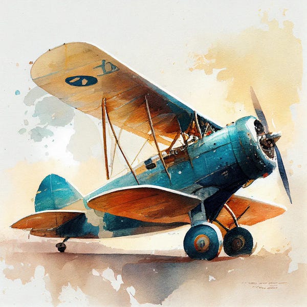By Air: Watercolor Vintage Airplane I by Chromatic Fusion Studio