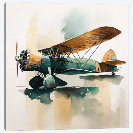 Watercolor Vintage Airplane V Canvas Print #CFS237} by Chromatic Fusion Studio Canvas Wall Art