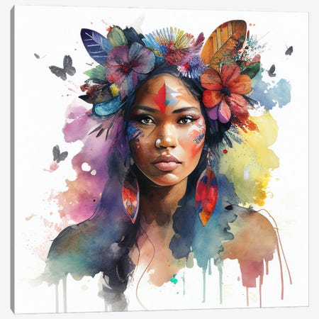 Watercolor Floral Indian Native Woman I Canvas Print #CFS23} by Chromatic Fusion Studio Canvas Artwork