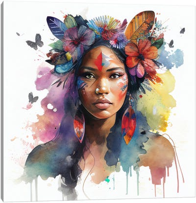 Watercolor Floral Indian Native Woman I Canvas Art Print - Chromatic Fusion Studio