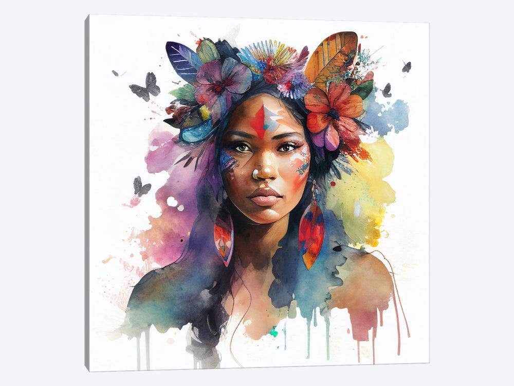 Watercolor Floral Indian Native Woman I by Chromatic Fusion Studio 1-piece Art Print