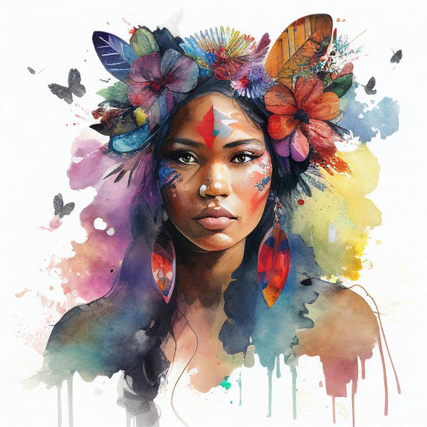 Butterflies and Flowers: Watercolor Floral Indian Native Woman I by Chromatic Fusion Studio