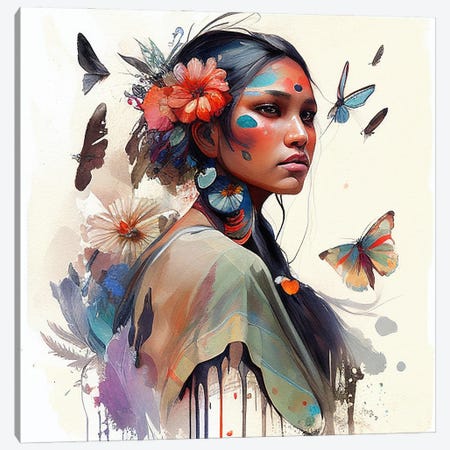 Watercolor Floral Indian Native Woman III Canvas Print #CFS24} by Chromatic Fusion Studio Canvas Print