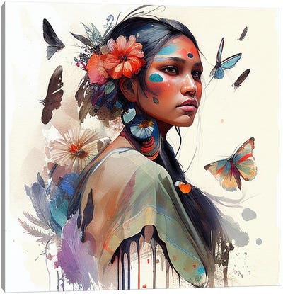 Watercolor Floral Indian Native Woman III Canvas Art Print - Chromatic Fusion Studio
