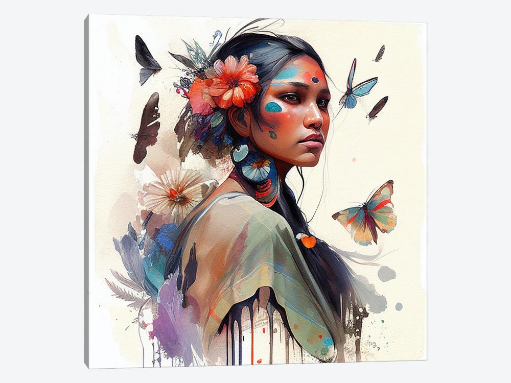 Watercolor Floral Indian Native Woman III by Chromatic Fusion Studio 1-piece Canvas Artwork