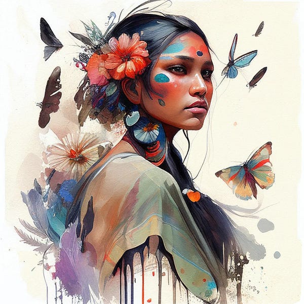 Butterflies and Flowers: Watercolor Floral Indian Native Woman III by Chromatic Fusion Studio