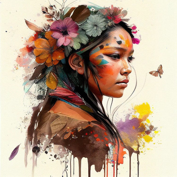 Watercolor Floral Indian Native Woman IV