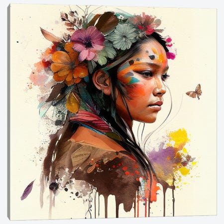 Watercolor Floral Indian Native Woman IV Canvas Print #CFS25} by Chromatic Fusion Studio Canvas Art Print