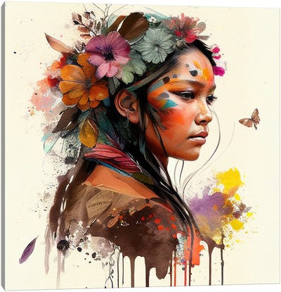 Watercolor Floral Indian Native Woman IV Canvas Art Print - Chromatic Fusion Studio