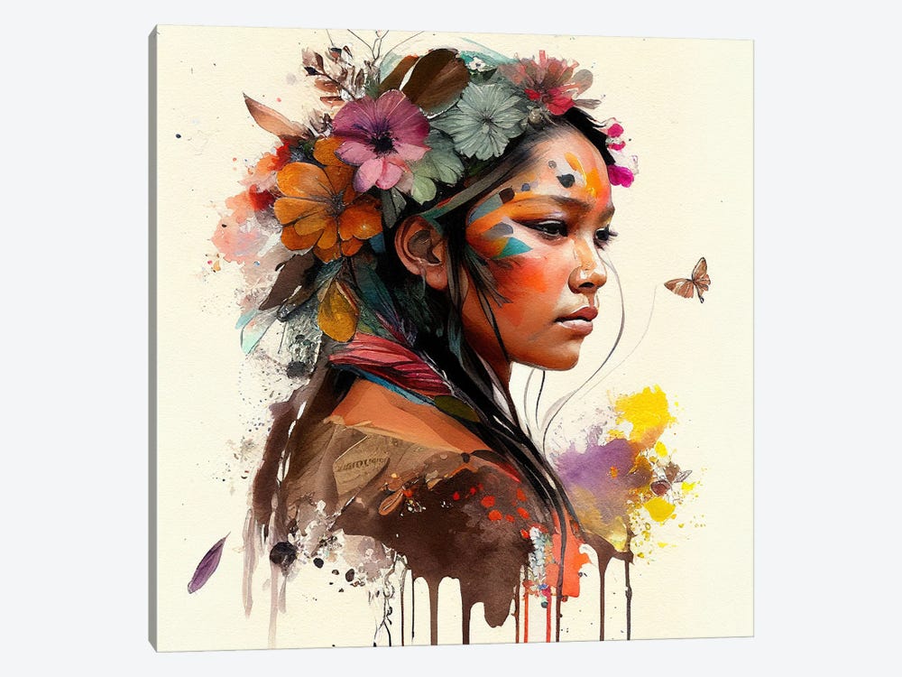 Watercolor Floral Indian Native Woman IV by Chromatic Fusion Studio 1-piece Canvas Art Print
